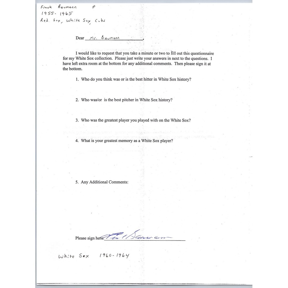 Frank Baumann Autograph Signed White Sox Questionnaire Baseball P 1960-64